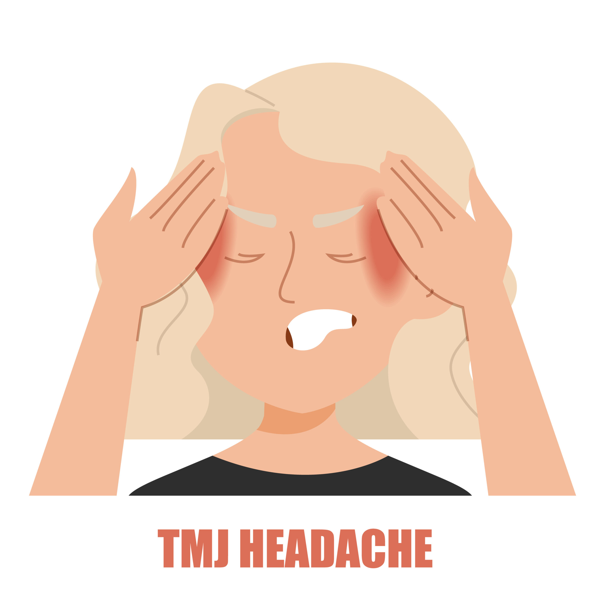TMJ headache vector isolated. Illustration of a woman suffering from headache caused by TMJ disorder. Tension pain.
