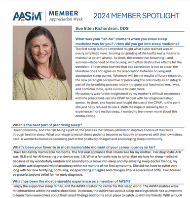 Sue Ellen Richardson, DDS, D.ABDSN, MAGD American Academy of Sleep Medicine Member Spotlight